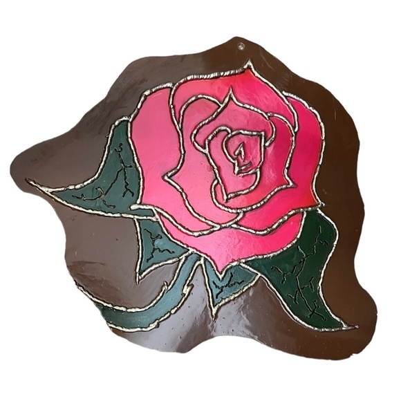 Vintage Hand Forged Red Rose And Hand Painted On Metal  Wall Art - Picture 2 of 7